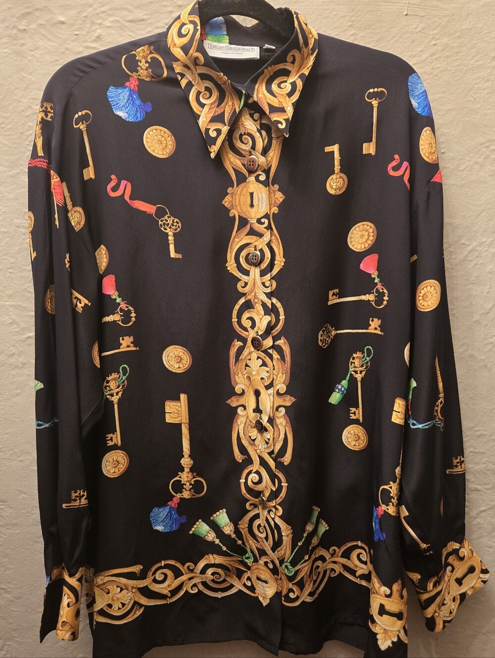Vintage Made in Italy Silk Baroque Key Print Shirt L Designer Style